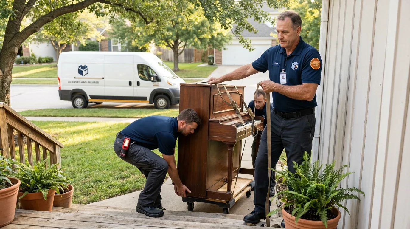 Licensed piano movers securing grand piano in Culver, OR