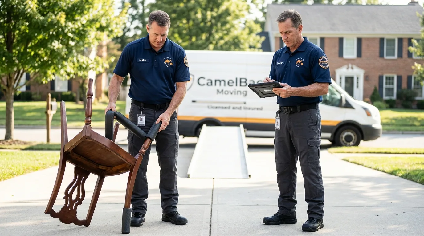 Movers inspecting furniture for damage prevention before loading in Culver, OR